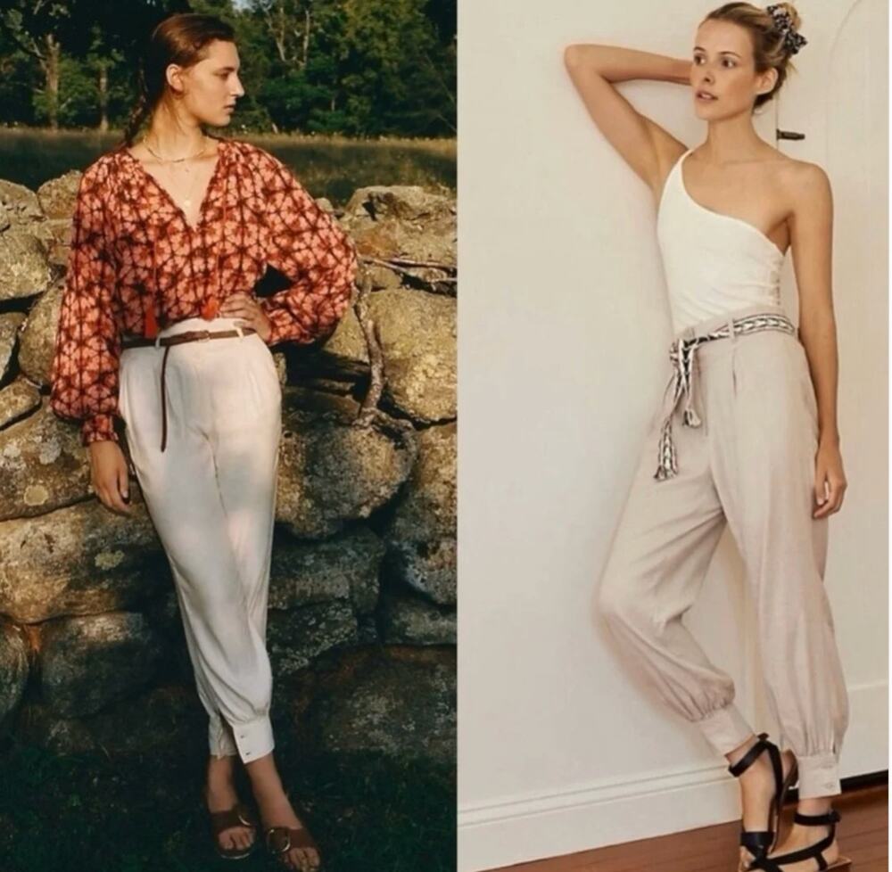 Anthropologie Marie Linen Blend Pleated Boho Jogger Pants Stone White size 14